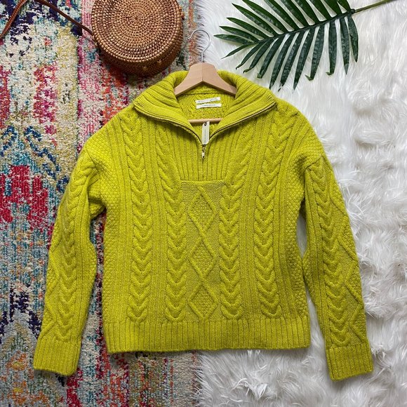 Anthropologie Sweaters - NEW Anthropologie Chartreuse Collared Cable Knit Quarter Zip Sweater Medium